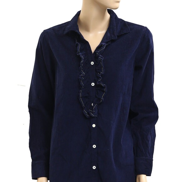 Kerri Rosenthal Ruffle Long Sleeve Tunic Shirt Top Buttondown Navy S New 283481 - Picture 2 of 5